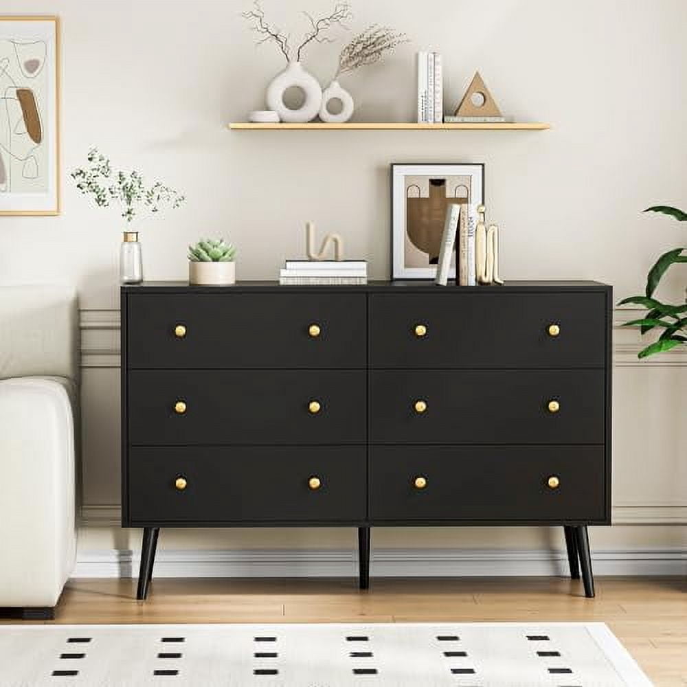 Modern 6-Drawer Dresser For Bedroom - Black Wood Chest Of Drawers With Gold  Metal Handles