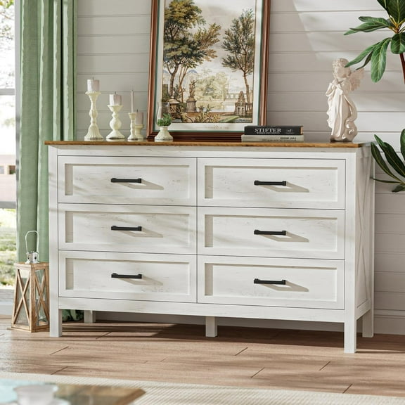 LYNSOM Farmhouse 6 Drawers Dresser for Bedroom, Wood Rustic Wide Chest of Drawers with Deep Drawers, Metal Handle, Storage Dressers Organizer for Entryway, Hallway, Antique White