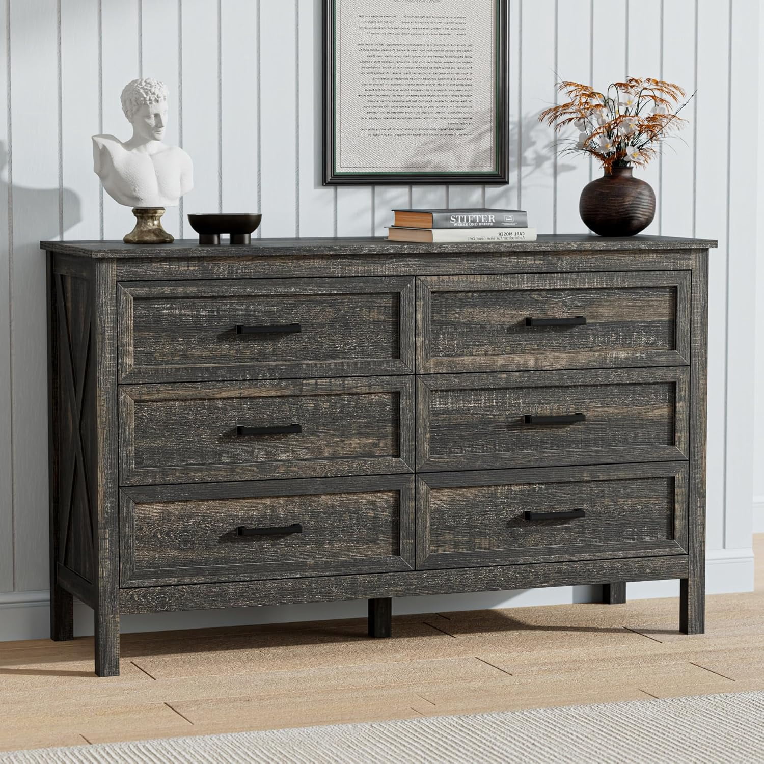 LYNSOM Farmhouse 6 Drawers Dresser for Bedroom, Wood Rustic Wide Chest ...