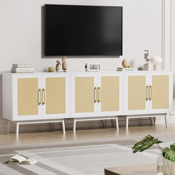 LYNSOM Sideboard Buffet Cabinet with Storage, Set of 3, Kitchen Buffet Storage, White Rattan Cabinet with Doors for Hallway, Entry, Living Room