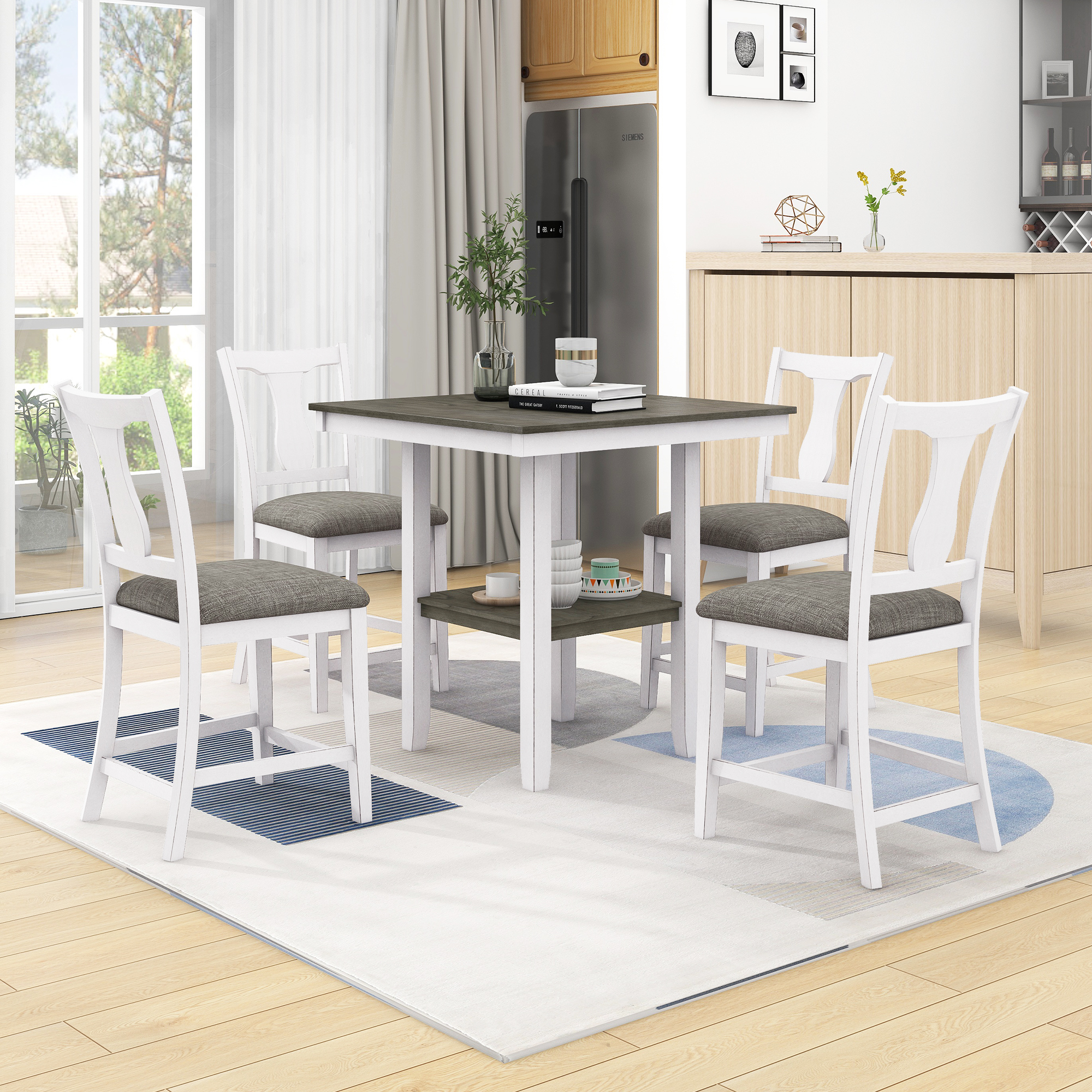 LYPER Farmhouse 5-Piece Wood Counter Height Dining Table Set with