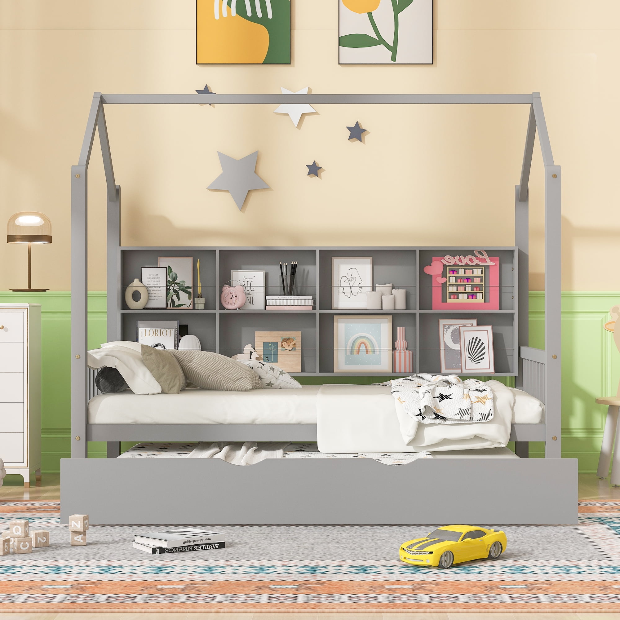 LYPER Wooden Twin Size House Bed with Trundle,Kids Bed with Shelf, Gray