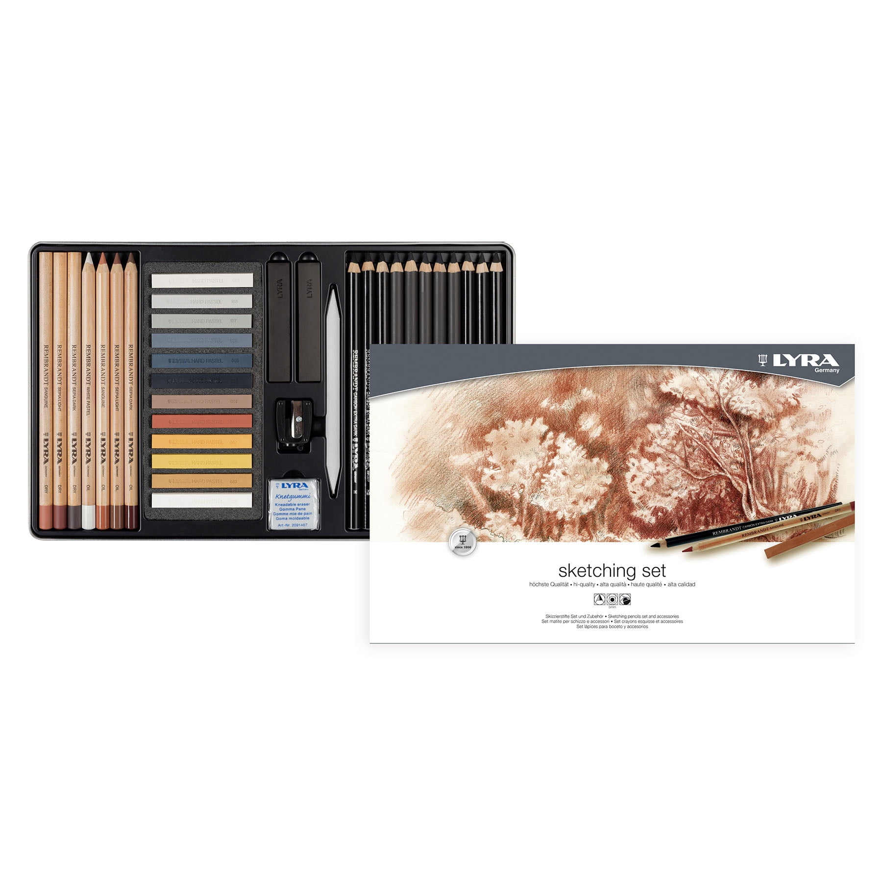 Lyra Sketching Set Tin, Artist Pencils & Pastels, Assorted Colors, 35 Pieces