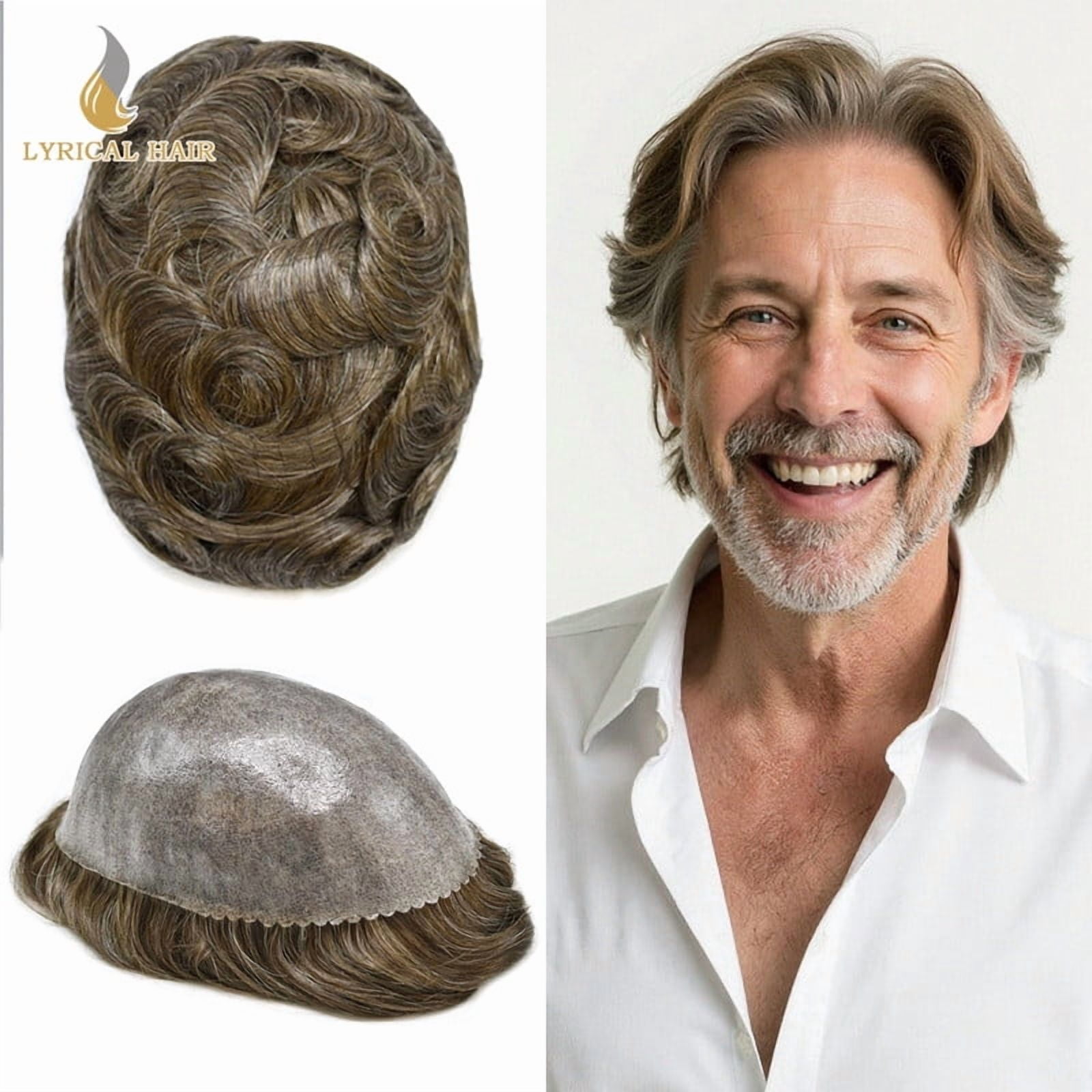 Mens Hairpiece LYRICAL HAIR Human Hair Replacement System Durable Thin Skin PU Injected Toupee Hair Wigs for Men