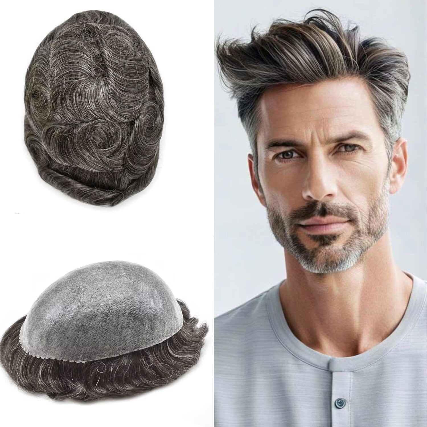 Mens Hairpiece LYRICAL HAIR Human Hair Replacement System Durable Thin Skin PU Injected Toupee Hair Wigs for Men