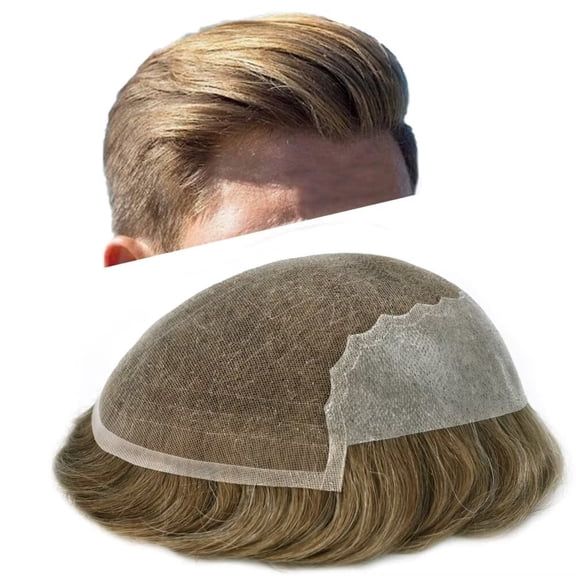 LYRICAL HAIR French Lace Front Mens Toupee Hair Piece Transparent Lace Toupee for Men Indian Human Hair Replacement System Bleached Frontal Knots Hair Units for Man #1830 Medium Blonde with 30% Gray