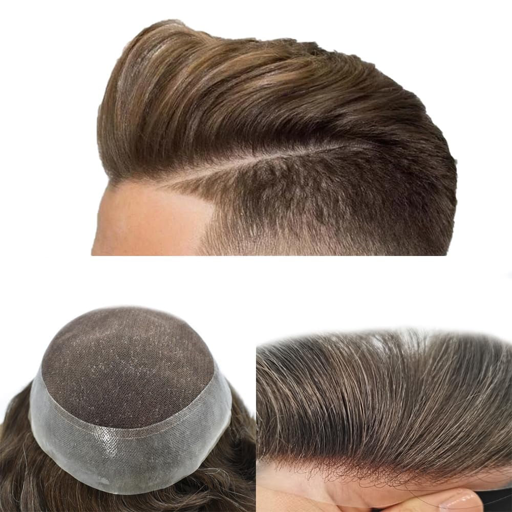 LYRICAL HAIR Lace Center Toupee for Men Human Hair Replacement System Transparen French Lace with PU Around Mens Toupee Hair Pieces Wig Black Brown Blonde Gray Hair