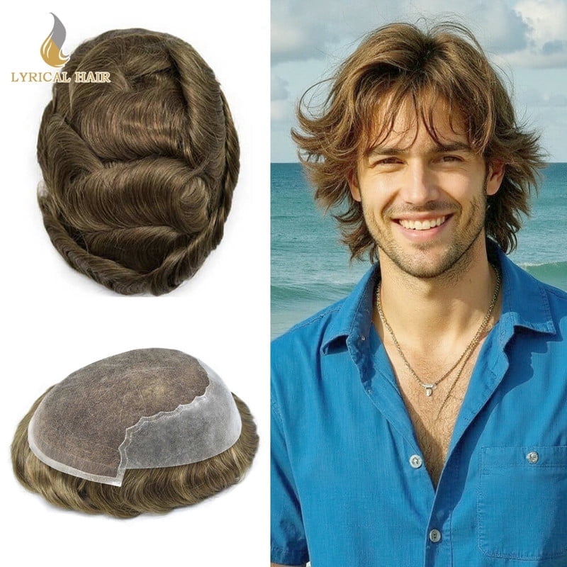Mens Toupee Hairpieces Lace Front Human Hair Replacement System Skin PU Men's Wig Units 7X9 #6
