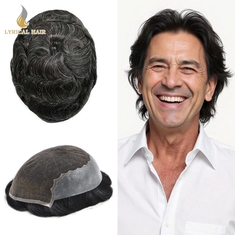 Mens Hairpiece Lyrical Hair Toupee for Men French Lace with PU Men's Toupee Black Brown Blonde Gray 7X10 #1B10