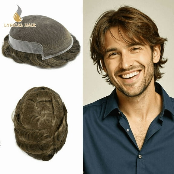 LYRICAL HAIR Toupee for Men Lace Front Mens Toupee Human Hair Clear Poly Man Hair Piece French Lace Male Hair System Bleached Knots 8x10-100% Density 7# VERY LIGHT BROWN