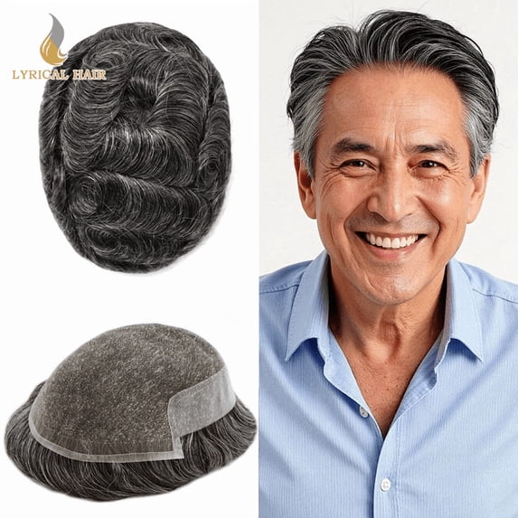 LYRICAL HAIR Lace Front Toupee for Men Indian Human Hair Replacement System French Lace Mens Toupee Thin Skin Hairpieces for Man Bleached Front Knots Mens Hair Piece Unit