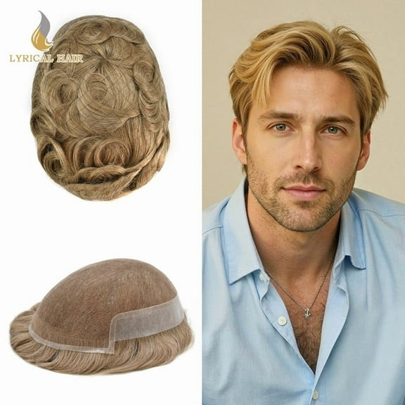 LYRICAL HAIR Toupee for Men Lace Front Mens Toupee Human Hair Clear Poly Man Hair Piece French Lace Male Hair System Bleached Front Knots 6x9-80% Density 20# LIGHT ASH BLONDE