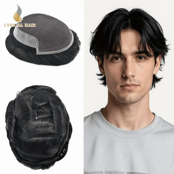 LYRICAL HAIR Toupee for Men Lace Front Mens Toupee Human Hair Clear Poly Man Hair Piece French Lace Male Hair System Bleached Front Knots 5"X7" 1# JET BLACK