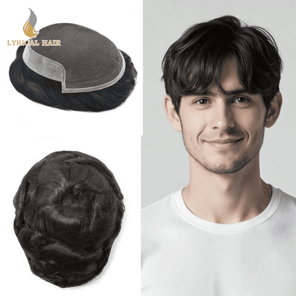 LYRICAL HAIR Toupee for Men Lace Front Mens Toupee Human Hair Clear Poly Man Hair Piece French Lace Male Hair System Bleached Front Knots 6x8-80% Density 1B# OFF BLACK