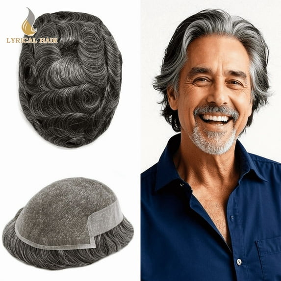 LYRICAL HAIR Lace Front Toupee for Men Indian Human Hair Replacement System French Lace Mens Toupee Thin Skin Hairpieces for Man Bleached Front Knots Mens Hair Piece Unit