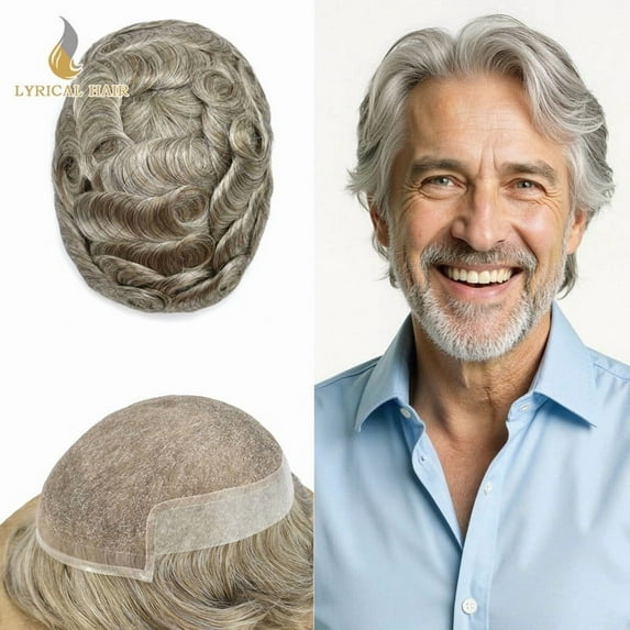 LYRICAL HAIR Lace Front Toupee for Men Indian Human Hair Replacement System French Lace Mens Toupee Thin Skin Hairpieces for Man Bleached Front Knots Mens Hair Piece Unit