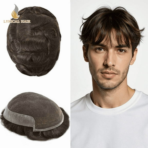 LYRICAL HAIR Toupee for Men Lace Front Mens Toupee Human Hair Clear Poly Man Hair Piece French Lace Male Hair System Bleached Front Knots 6x8-100% Density 3# DARK BROWN