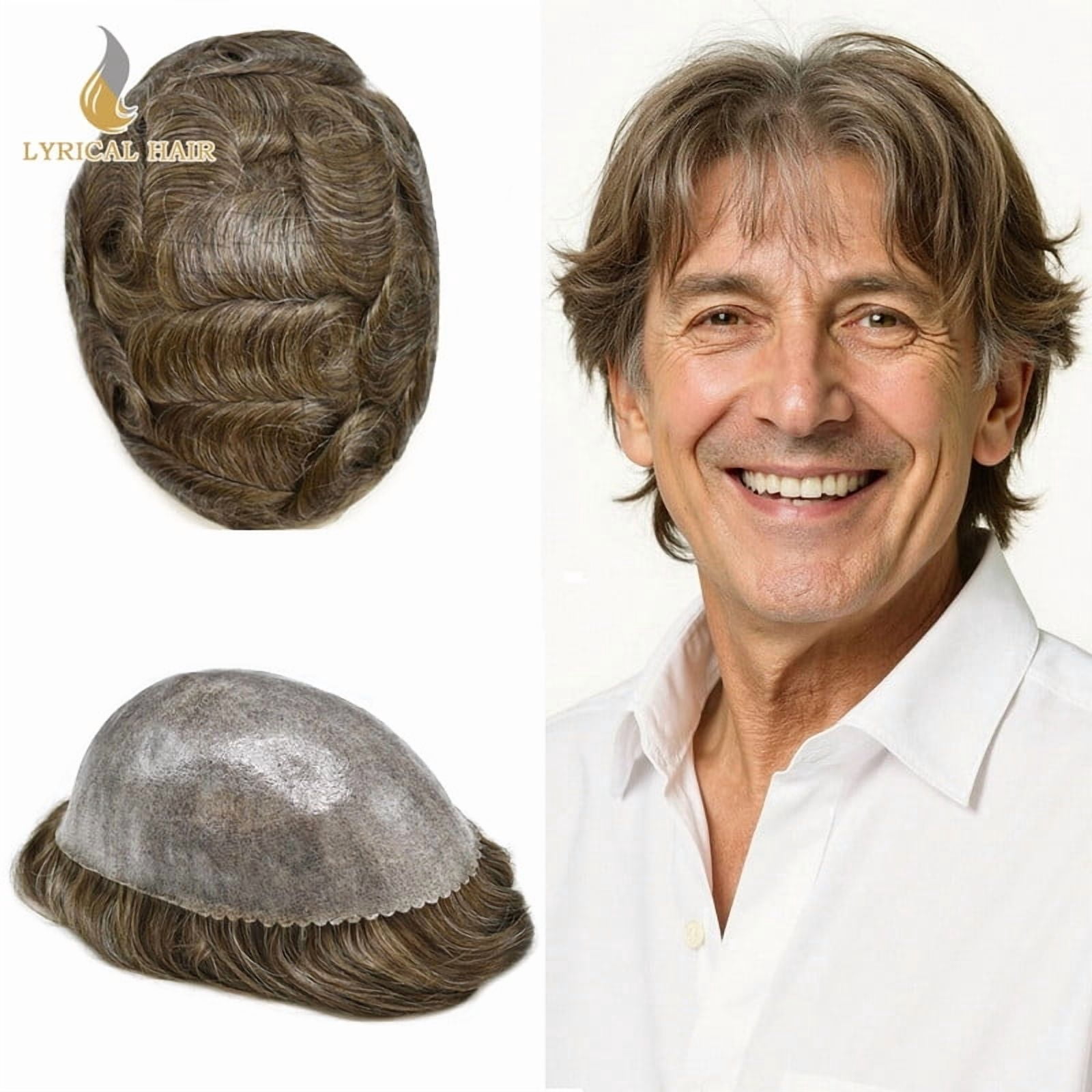 LYRICAL HAIR Men's Hairpiece 7X9 Full PU Toupee Hair for Men Human Hair Replacement System Thin Skin Silicone Mens Toupee Hair Units #540 Medium Light Brown with 40% Gray