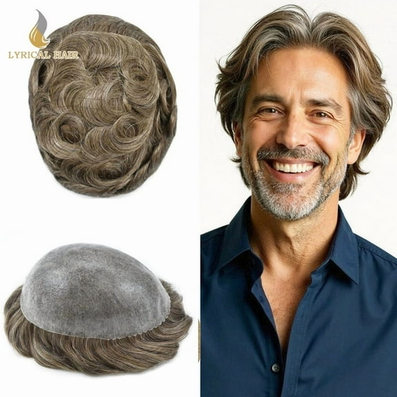 LYRICAL HAIR Men's Hairpiece 7X9 Full PU Toupee Hair for Men Human Hair Replacement System Thin Skin Silicone Mens Toupee Hair Units #640 Light Brown with 40% Gray
