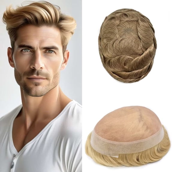 LYRICAL HAIR Mens Hair System Durable Fine Mono Center Mens Toupee Human Hair Replacement Thin Skin Toupee for Men Bleached Knots Toupee Hair for Man Black Brown Blonde Gray Hair Piece