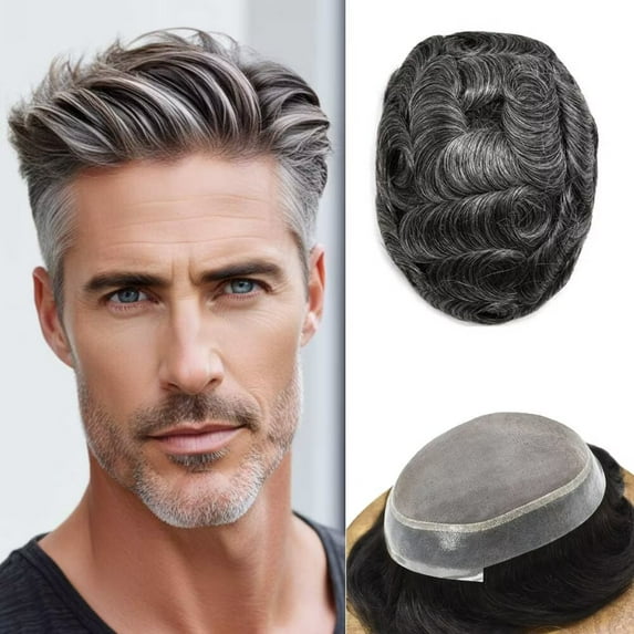 LYRICAL HAIR Mens Hair System Durable Fine Mono Center Mens Toupee Human Hair Replacement Thin Skin Toupee for Men Bleached Knots Toupee Hair for Man Black Brown Blonde Gray Hair Piece