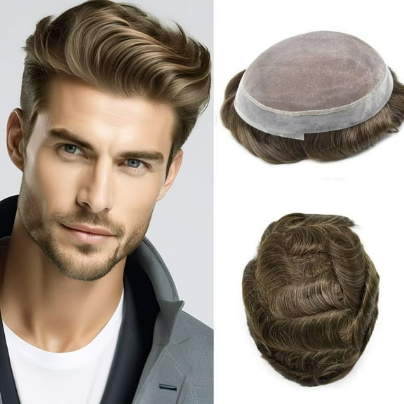 LYRICAL HAIR Mens Hair System Durable Fine Mono Center Mens Toupee Human Hair Replacement Thin Skin Toupee for Men Bleached Knots Toupee Hair for Man Black Brown Blonde Gray Hair Piece