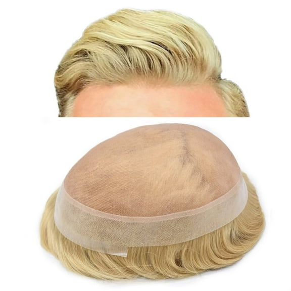 LYRICAL HAIR Mens Hair System Durable Fine Mono Center Mens Toupee Human Hair Replacement Thin Skin Toupee for Men Bleached Knots Toupee Hair for Man Black Brown Blonde Gray Hair Piece