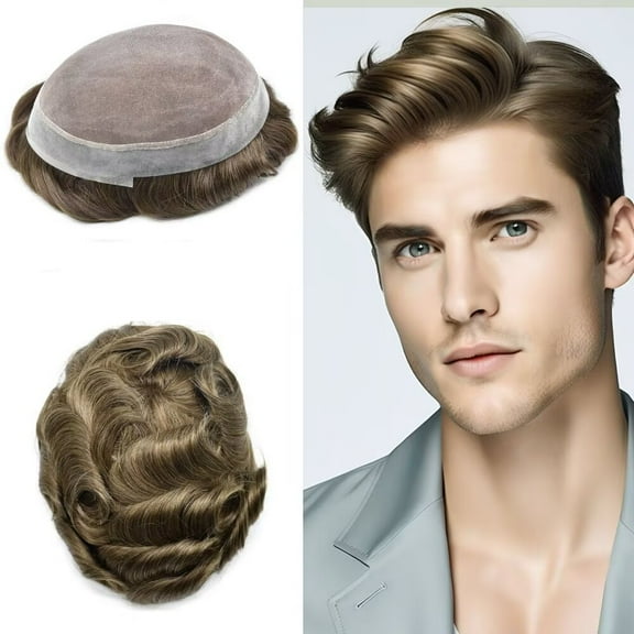 LYRICAL HAIR Mens Hair System Durable Fine Mono Center Mens Toupee Human Hair Replacement Thin Skin Toupee for Men Bleached Knots Toupee Hair for Man Black Brown Blonde Gray Hair Piece