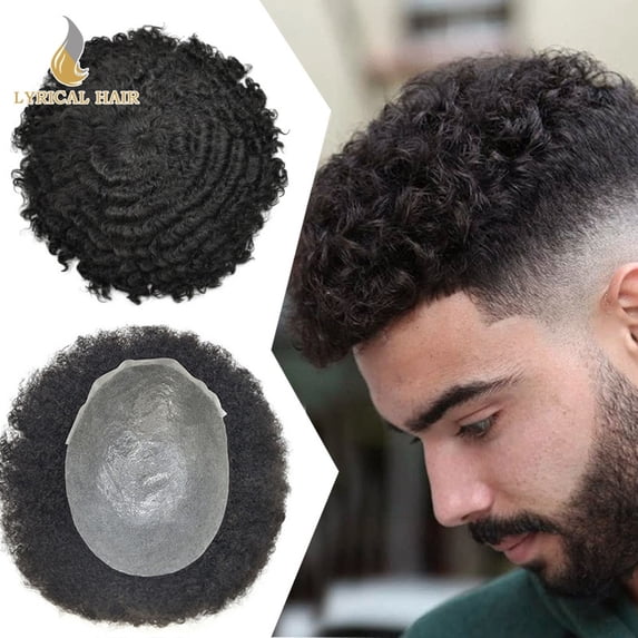 LYRICAL HAIR Thin Skin Toupee for Men Brazilian Human Hair Replacement Systems 0.06MM Skin PU Mens Hair Units Curly Wavy Male Hair Prosthesis