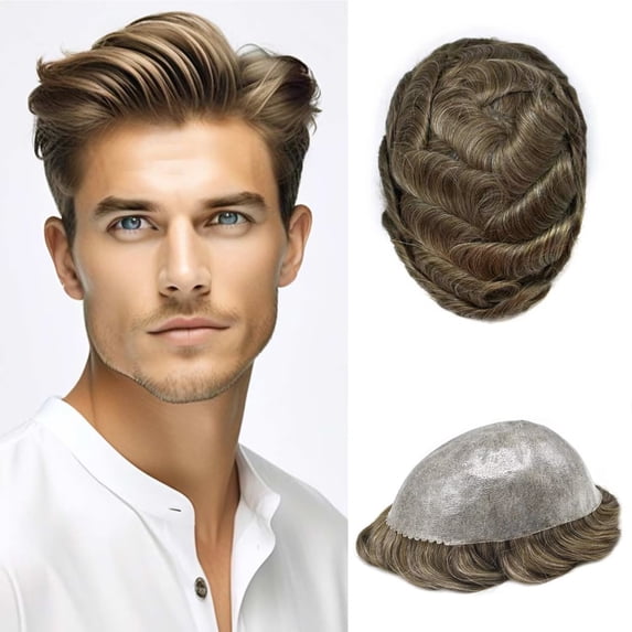 LYRICAL HAIR Toupee Hair for Men Thin Skin Mens Toupee Human Hair Replacement System 7"X9" All Poly Mens Hairpiece PU Injected Mens Wig Units
