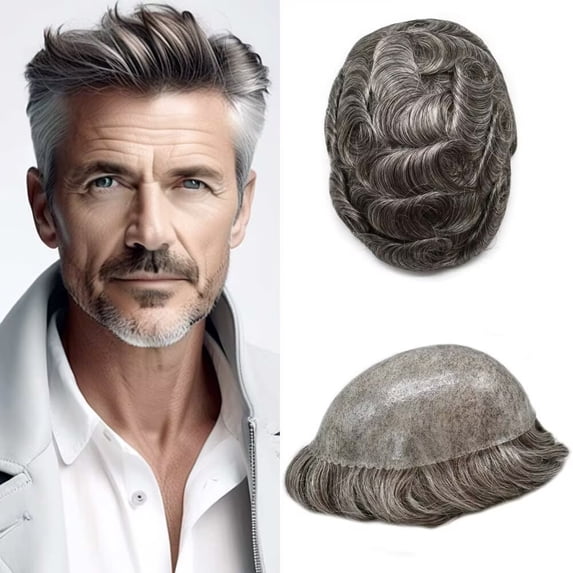 LYRICAL HAIR Toupee Hair for Men Thin Skin Mens Toupee Human Hair Replacement System 7"X9" All Poly Mens Hairpiece PU Injected Mens Wig Units