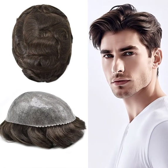 LYRICAL HAIR Toupee Hair for Men Thin Skin Mens Toupee Human Hair Replacement System 7"X9" All Poly Mens Hairpiece PU Injected Mens Wig Units