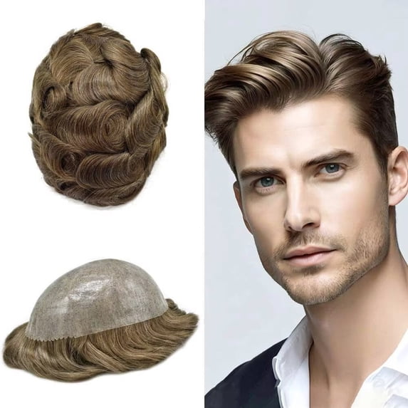 LYRICAL HAIR Toupee Hair for Men Thin Skin Mens Toupee Human Hair Replacement System 7"X9" All Poly Mens Hairpiece PU Injected Mens Wig Units
