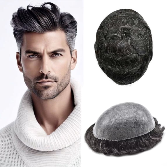 LYRICAL HAIR Toupee Hair for Men Thin Skin Mens Toupee Human Hair Replacement System 7"X9" All Poly Mens Hairpiece PU Injected Mens Wig Units