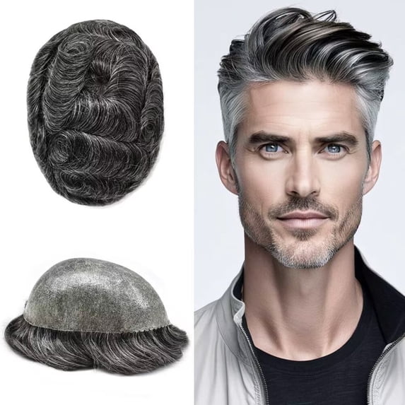 LYRICAL HAIR Toupee Hair for Men Thin Skin Mens Toupee Human Hair Replacement System 7"X9" All Poly Mens Hairpiece PU Injected Mens Wig Units