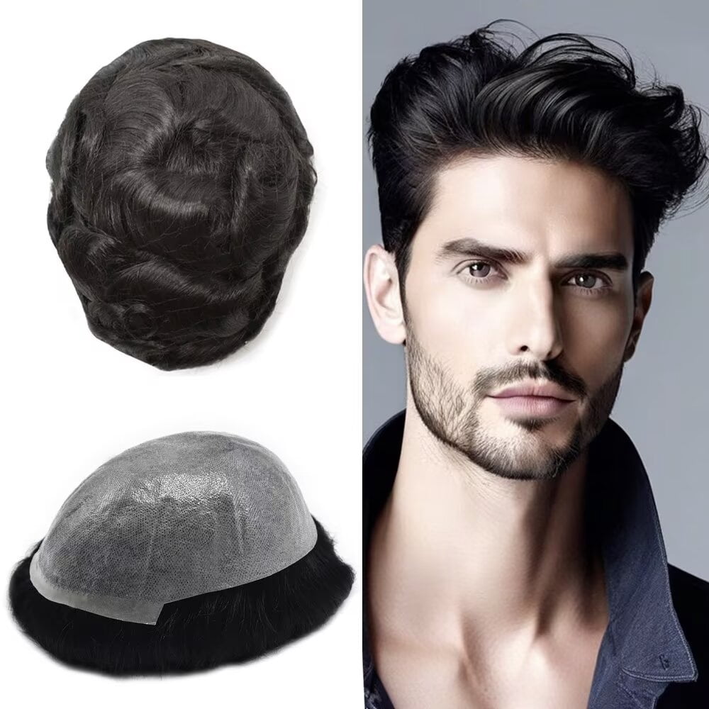 LYRICAL HAIR Toupee for Men 0.04-0.06mm Ultra Thin Skin Mens Toupee Hairpiece Human Hair Replacement Systems All V-Looped PU Toupee Hair for Men Natural Hairline Mens Hair Wig Units