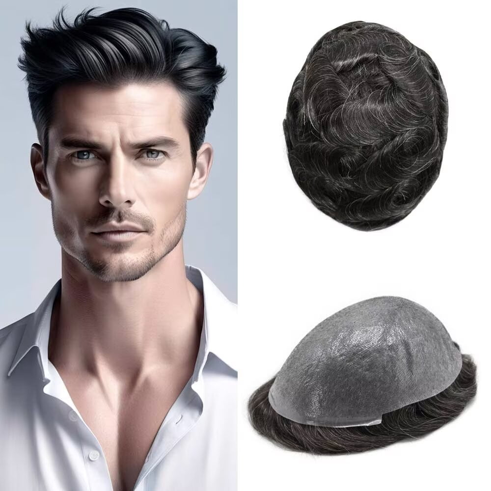 LYRICAL HAIR Toupee for Men 0.04-0.06mm Ultra Thin Skin Mens Toupee Hairpiece Human Hair Replacement Systems All V-Looped PU Toupee Hair for Men Natural Hairline Mens Hair Wig Units