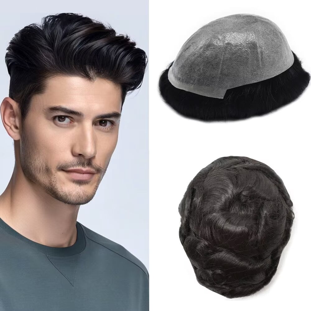 LYRICAL HAIR Toupee for Men 0.04-0.06mm Ultra Thin Skin Mens Toupee Hairpiece Human Hair Replacement Systems All V-Looped PU Toupee Hair for Men Natural Hairline Mens Hair Wig Units