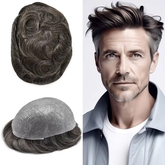LYRICAL HAIR Toupee for Men 0.04-0.06mm Ultra Thin Skin Mens Toupee Hairpiece Human Hair Replacement Systems All V-Looped PU Toupee Hair for Men Natural Hairline Mens Hair Wig Units