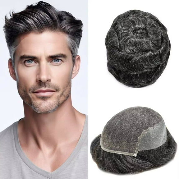 LYRICAL HAIR Toupee for Men 6"x9" French Lace Mens Toupee Hairpieces Human Hair Replacement Systems,Lace with PU Hair Piece for Man #1B30 Off Black with 30% Gray-100% Light to Medium Density