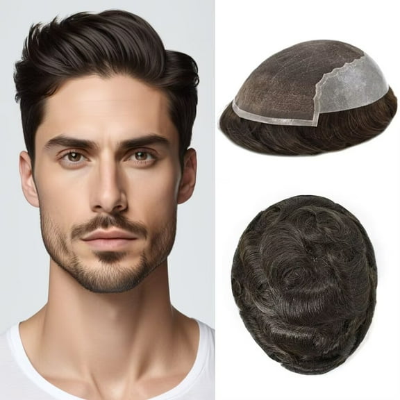 LYRICAL HAIR Toupee for Men 6"x9" French Lace Mens Toupee Hairpieces Human Hair Replacement Systems,Lace with PU Hair Piece for Man #2 Darkest Brown-80% Light Density