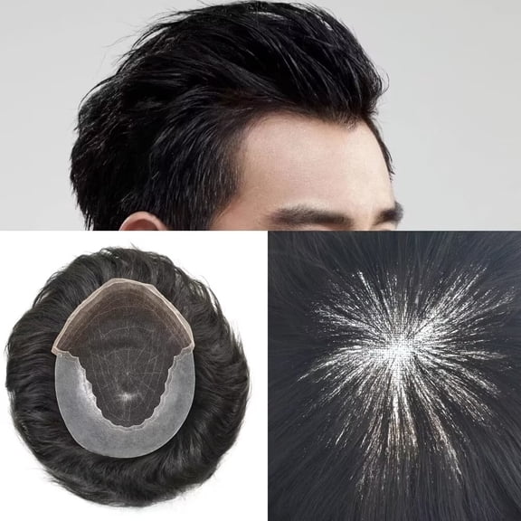 LYRICAL HAIR Toupee for Men French Lace Front Mens Toupee Human Hair Replacement System Lace with Thin Skin Poly Hairpiece for Man Bleached Knots Hair Wig Units #1 Jet Black-100% Density