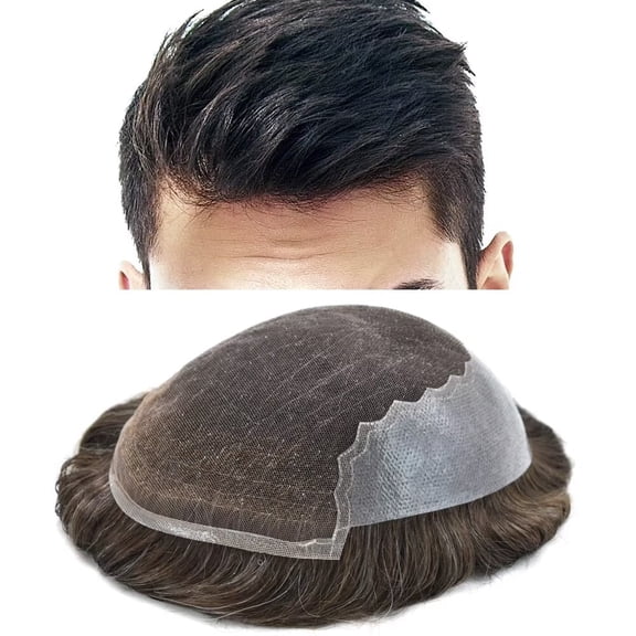 LYRICAL HAIR Toupee for Men French Lace Front Mens Toupee Human Hair Replacement System Lace with Thin Skin Poly Hairpiece for Man Bleached Knots Hair Wig Units #210 Darkest Brown with 10% Gray