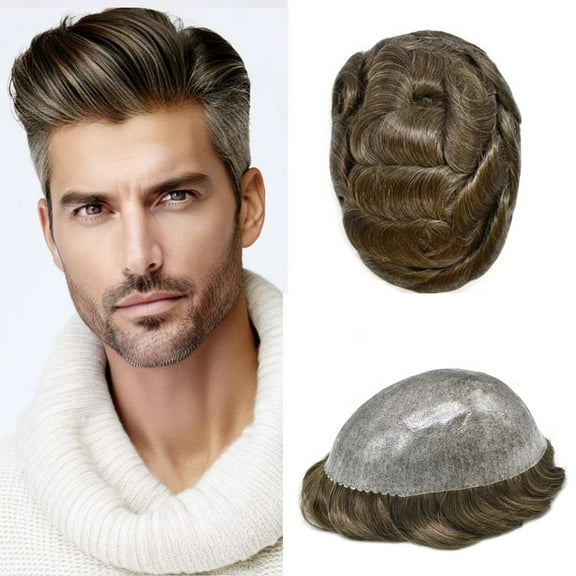 Mens Hairpiece LYRICAL HAIR Human Hair Replacement System Durable Thin Skin PU Injected Toupee Hair Wigs for Men