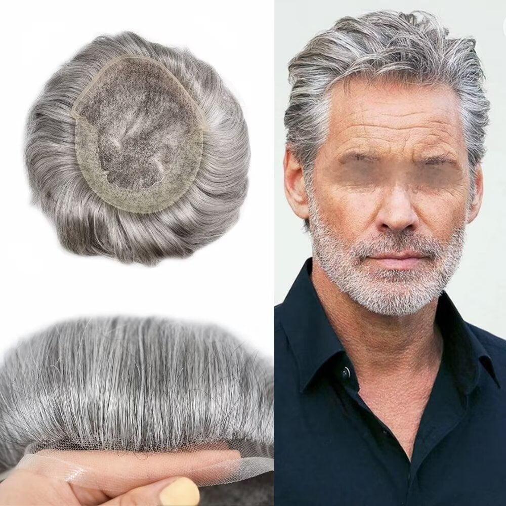 LYRICAL HAIR Toupee for Men French Lace Hairpiece Indian Human Hair System Replacement Lace with PU Mens Toupee Human Hair Black Brown Blonde Gray