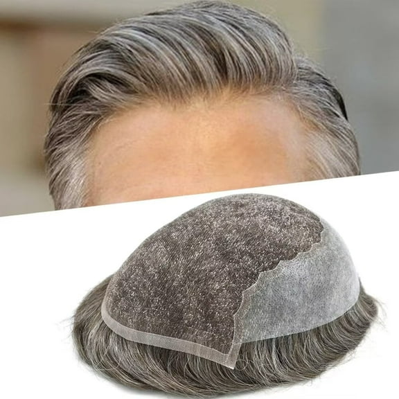 LYRICAL HAIR Toupee for Men French Lace Hairpiece Indian Human Hair System Replacement Lace with PU Mens Toupee Human Hair Black Brown Blonde Gray Hair #250 Darkest Brown with 50% Gray-100% Density