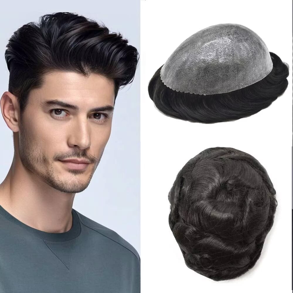 Mens Hairpiece LYRICAL HAIR Human Hair Replacement System Durable Thin Skin PU Injected Toupee Hair Wigs for Men
