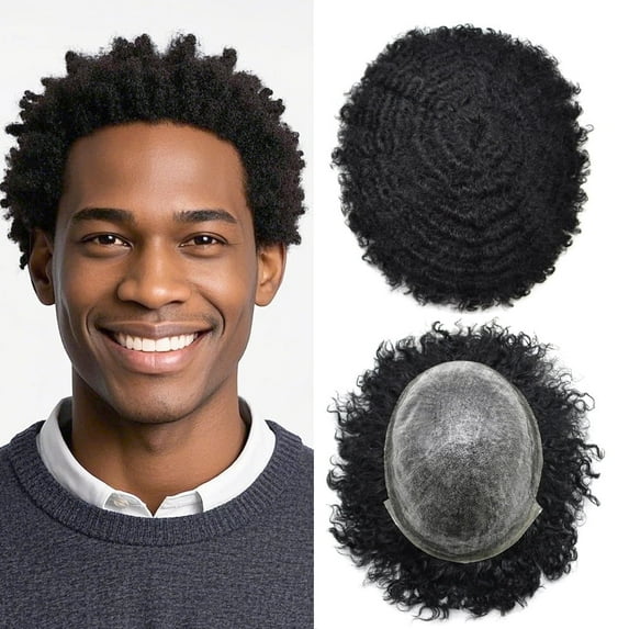 LYRICAL HAIR Toupee for Men All Poly Human Hair Replacement System African American Mens Toupee Hairpieces for Man Curly Hair Prosthesis for Man #1 JET BLACK 10MM CURLY WAVE