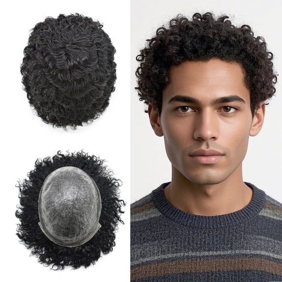 LYRICAL HAIR Toupee for Men All Poly Human Hair Replacement System African American Mens Toupee Hairpieces for Man Curly Hair Prosthesis for Man #1 JET BLACK 12MM CURLY WAVE
