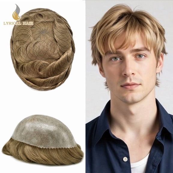 LYRICAL HAIR Toupee for Men 8"X10" Monofilament Mens Toupee Human Hair Replacement Systems Poly Coating Around Men Hair Units
